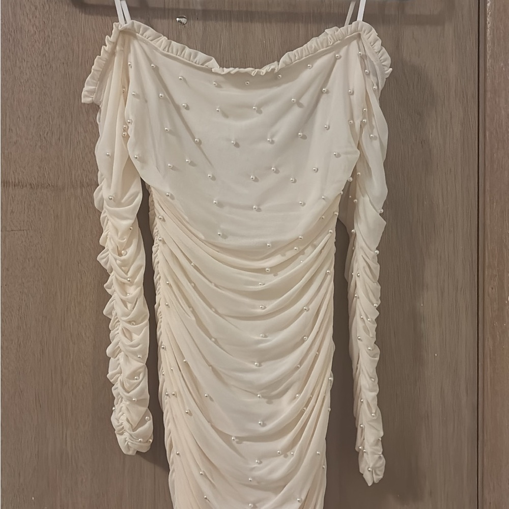 Windsor Cream Off-Shoulder Dress with Pearl Accents